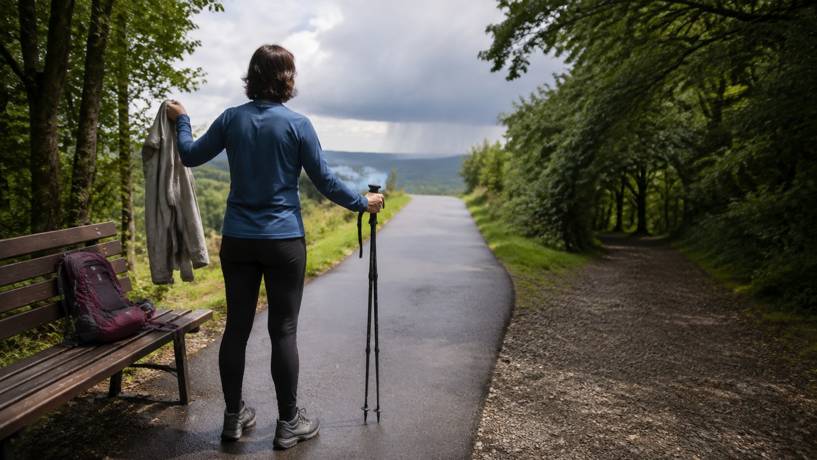 Marcheuse choisissant son équipement et son itinéraire selon le terrain et une météo changeante.