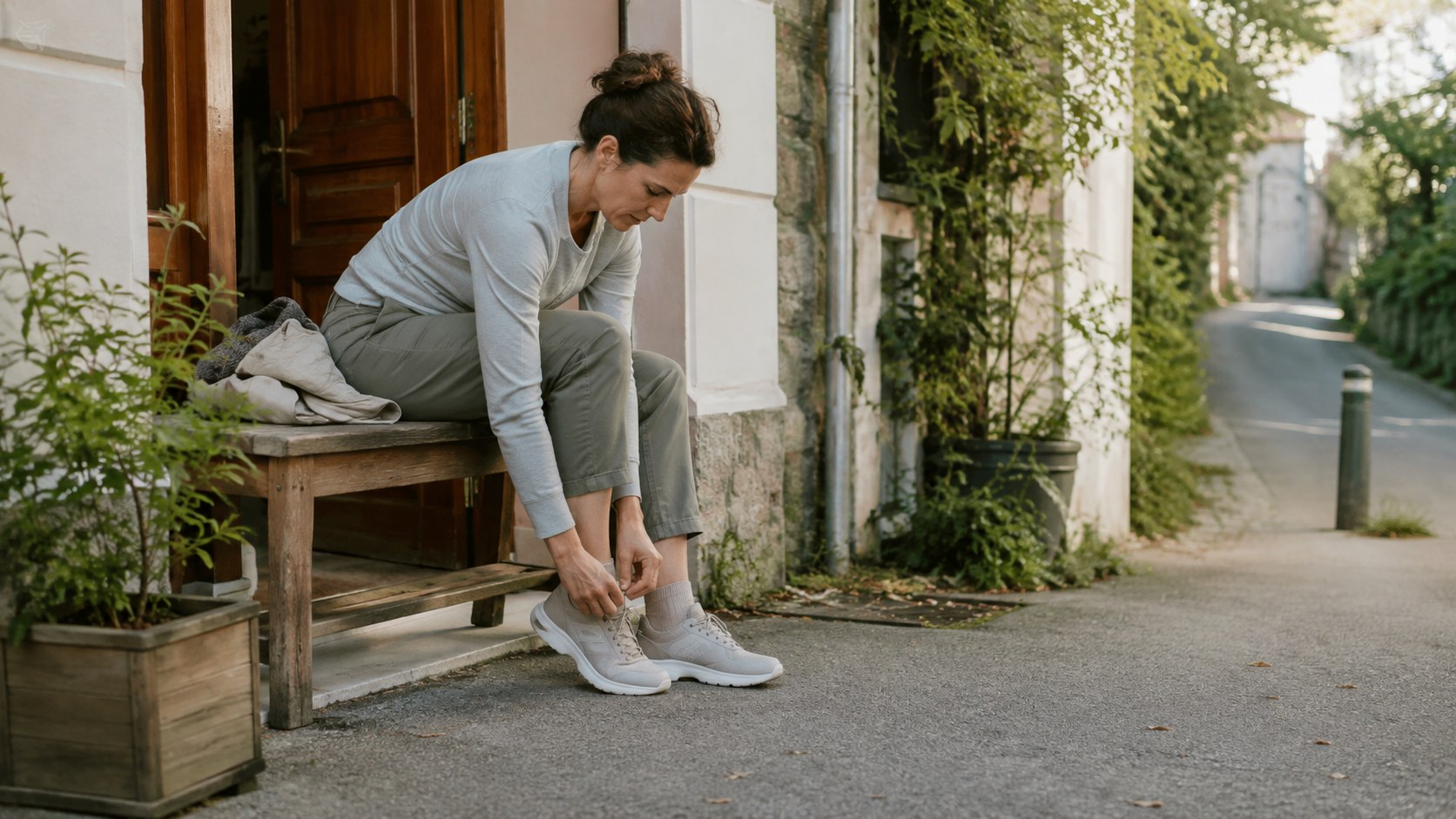 Femme assise devant chez elle, laçant ses chaussures avant une courte marche.