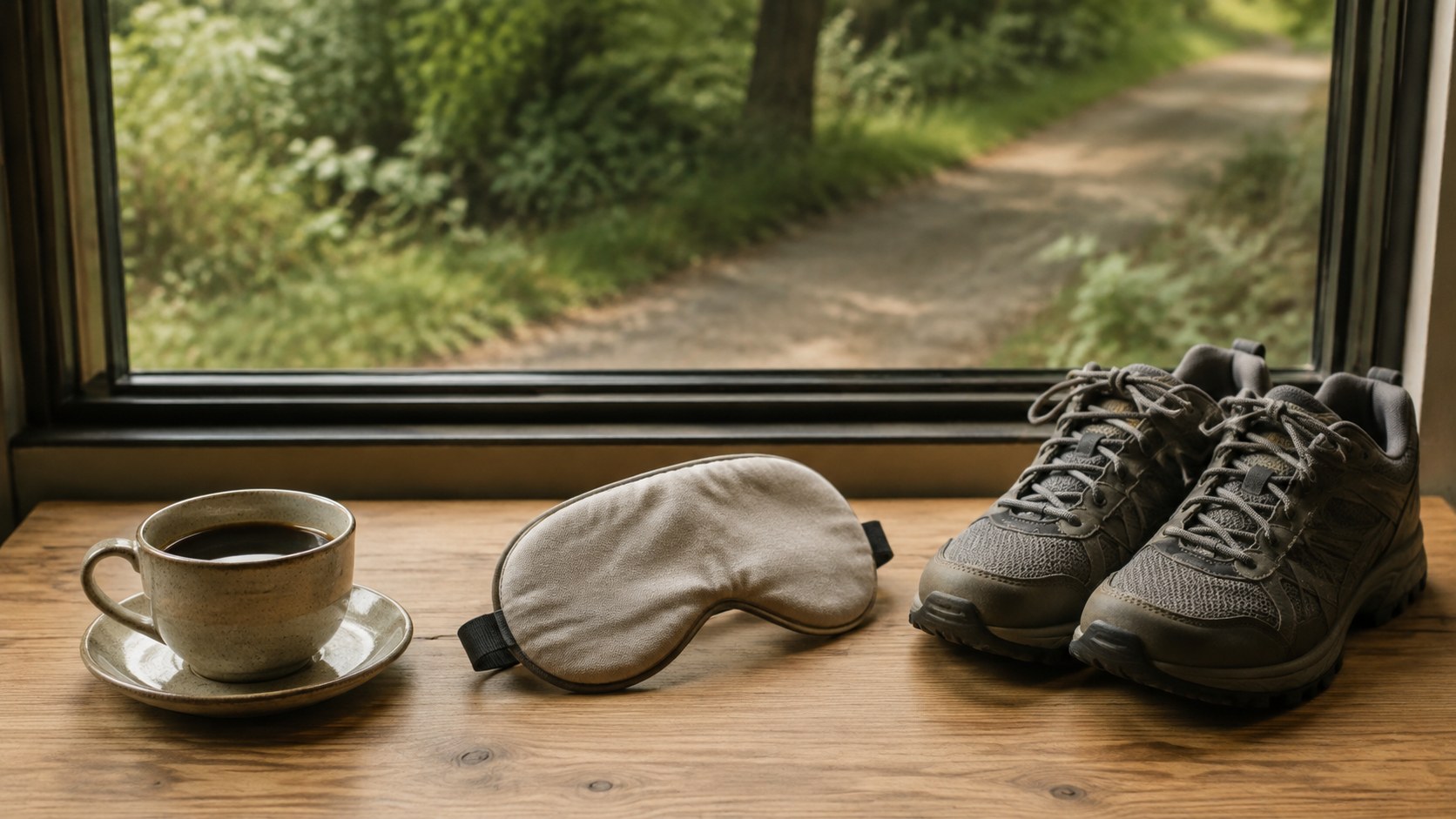 Une tasse de café, un masque de repos et des chaussures de marche alignés sur une table.