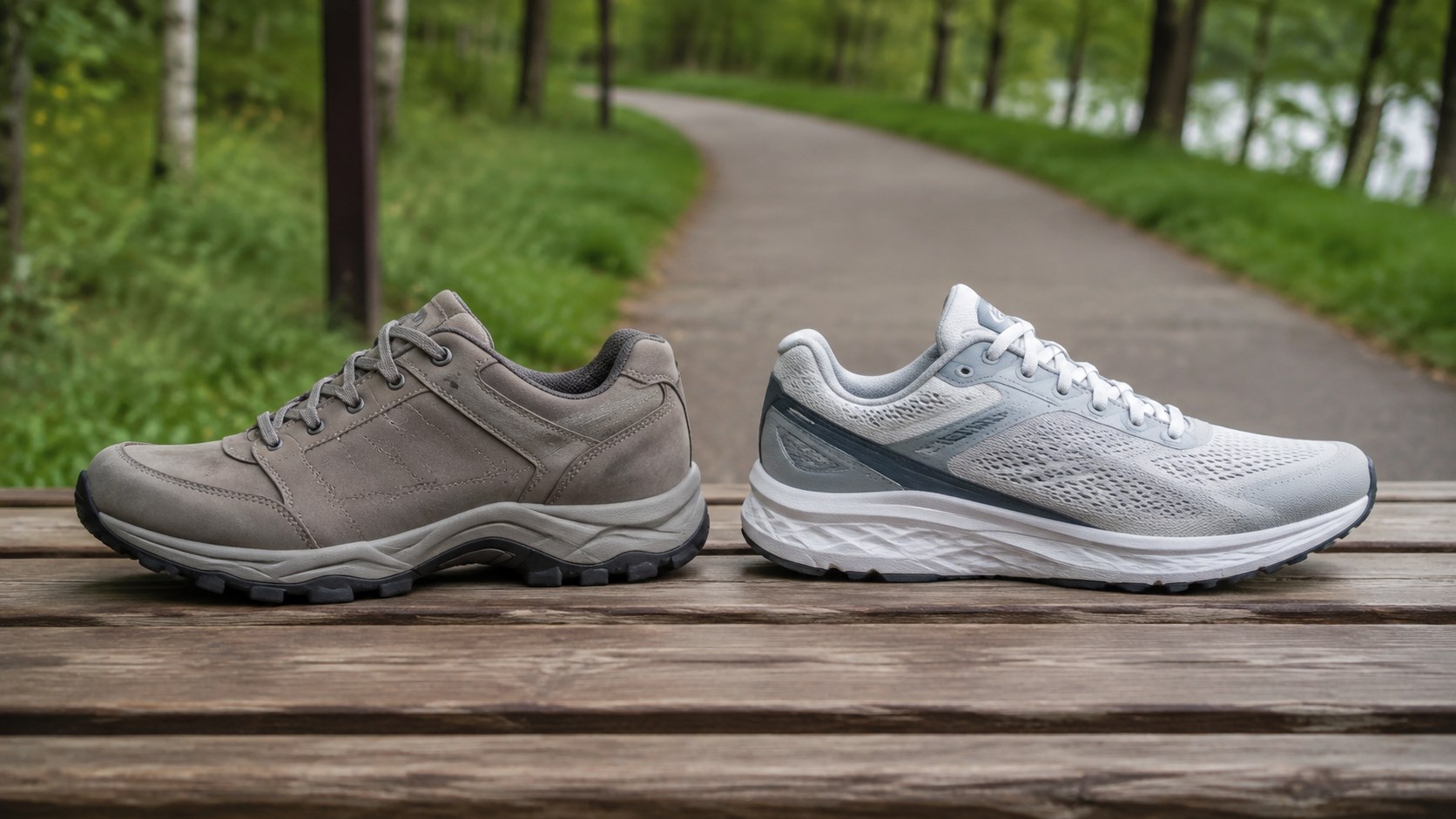 Une chaussure de marche et une chaussure de running sobres côte à côte sur un banc, sans logo visible.