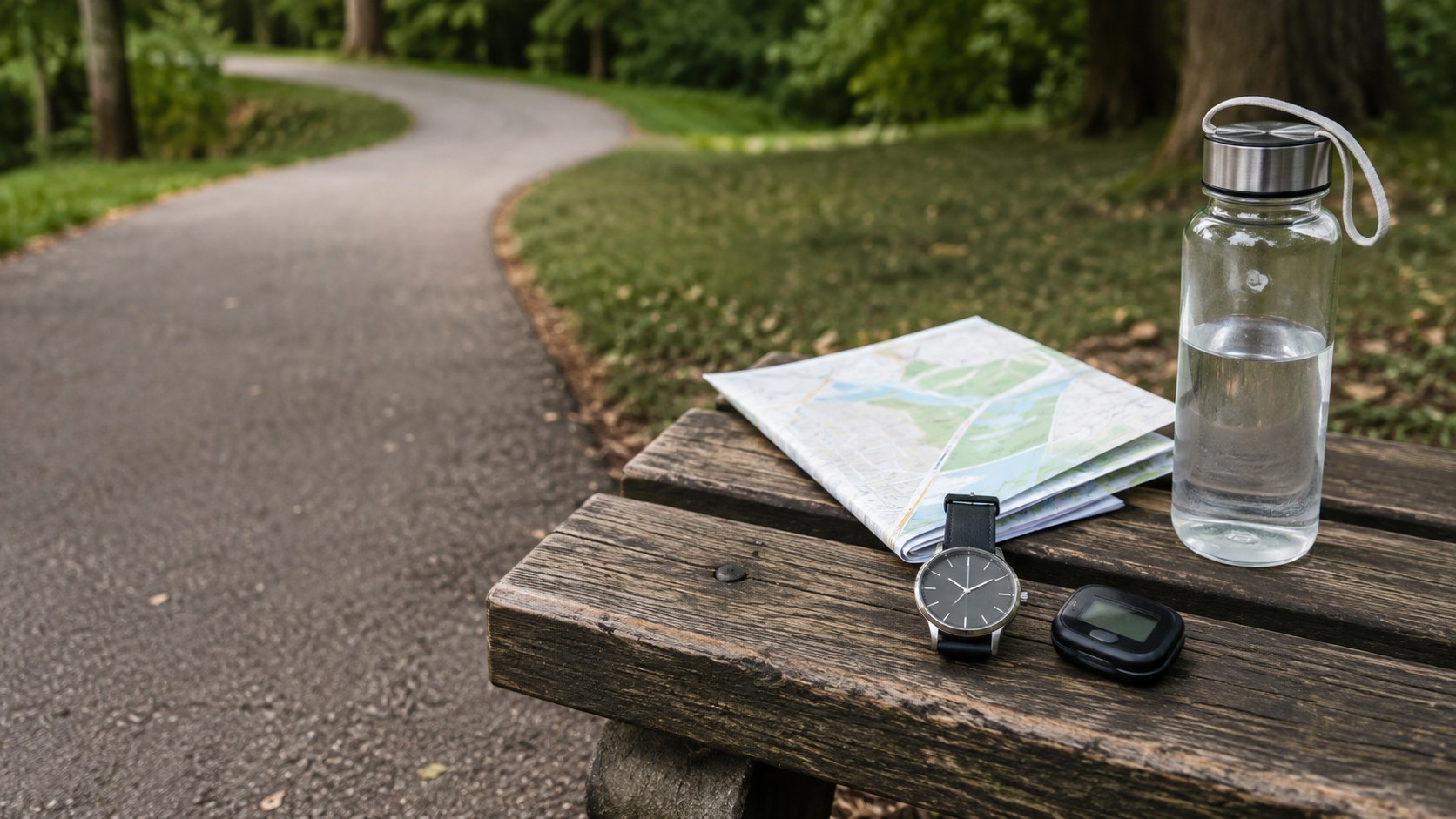 Montre, compteur de pas et carte posés près d’un chemin pour choisir comment mesurer une marche.
