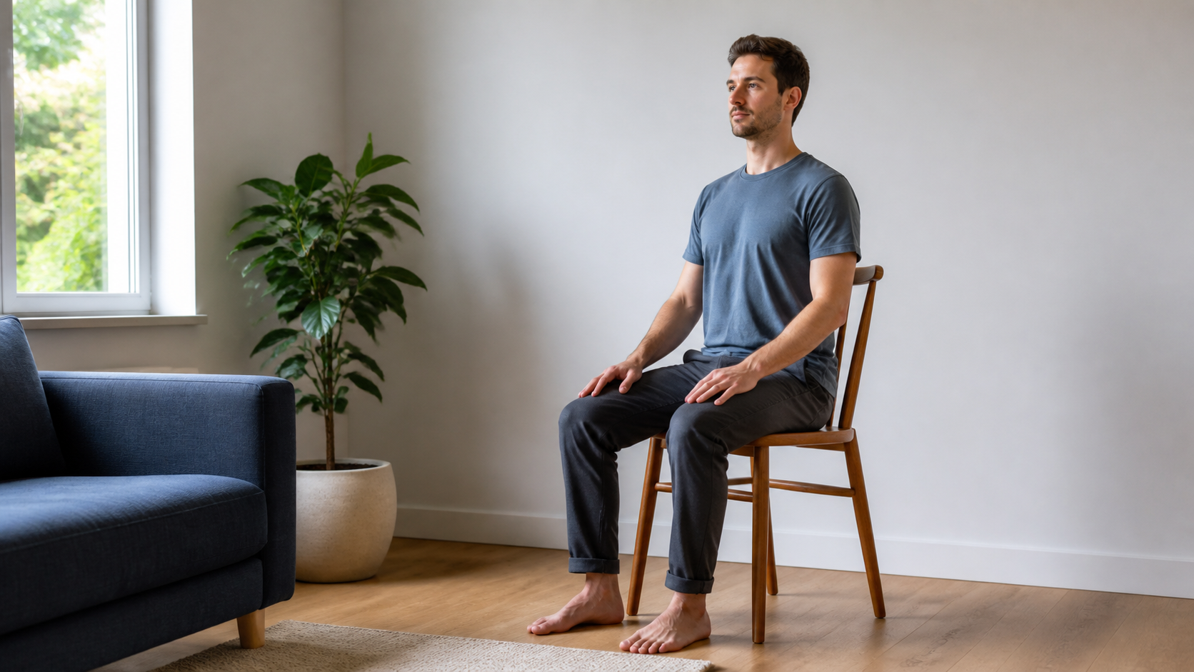 Homme assis sur une chaise, pieds au sol et regard ouvert, pour débuter la méditation simplement.