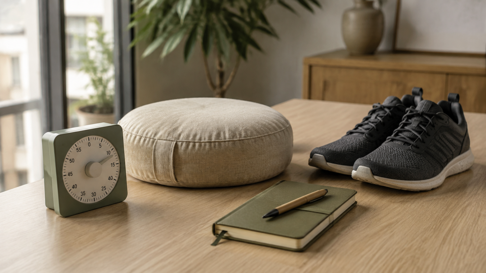 Minuteur, coussin, chaussures et carnet réunis pour choisir une pratique de méditation concrète.