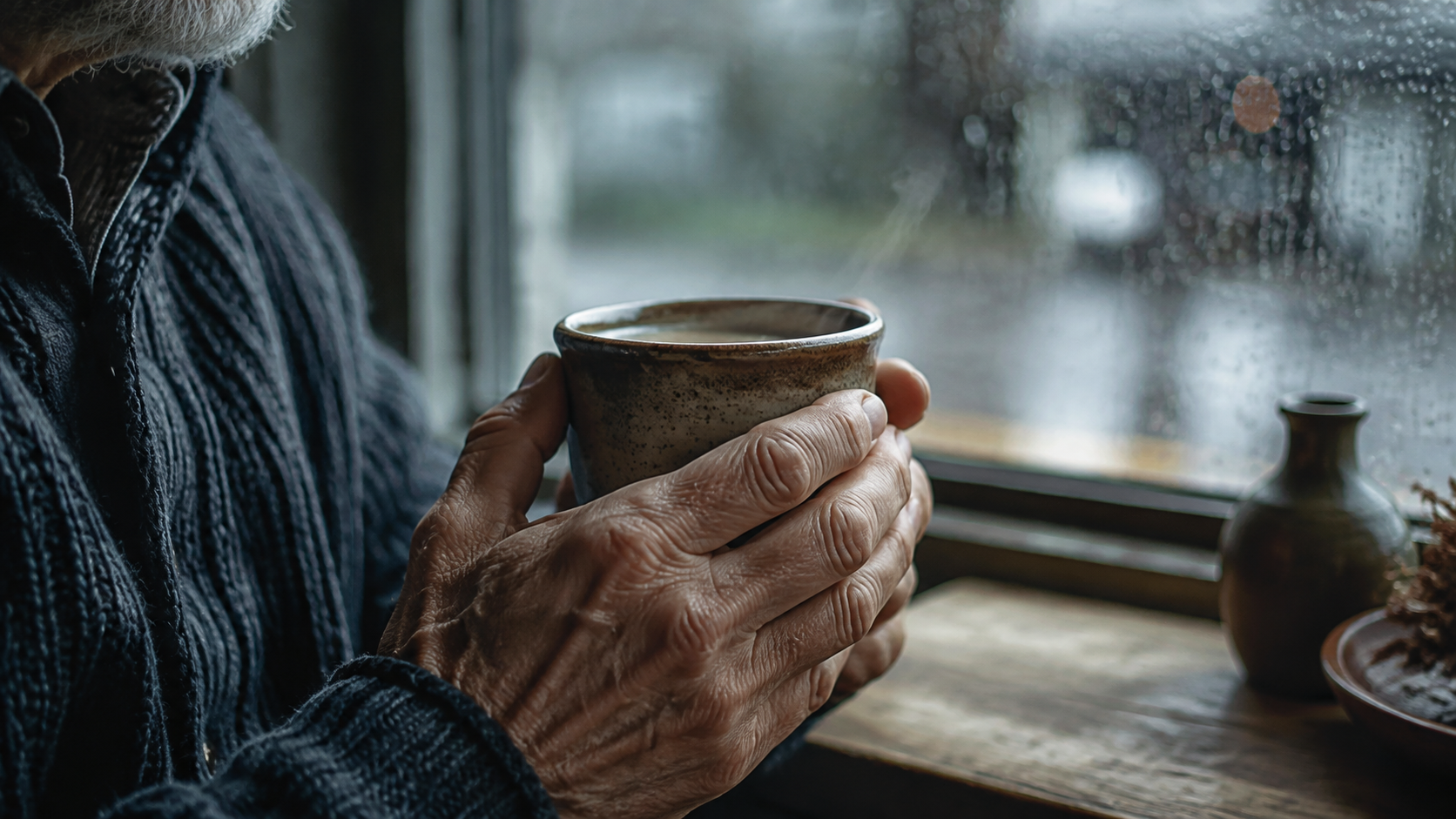 Mains tenant une tasse chaude près d'une fenêtre pluvieuse pour porter attention à une sensation ordinaire.