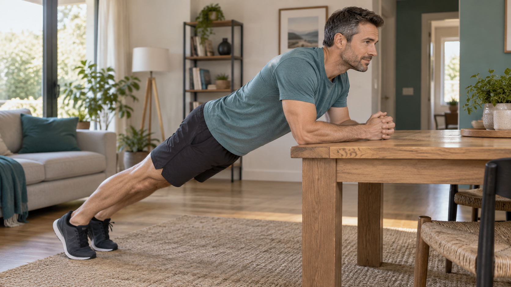 Adulte tenant un gainage incliné contre une table stable, respiration calme et posture contrôlée.