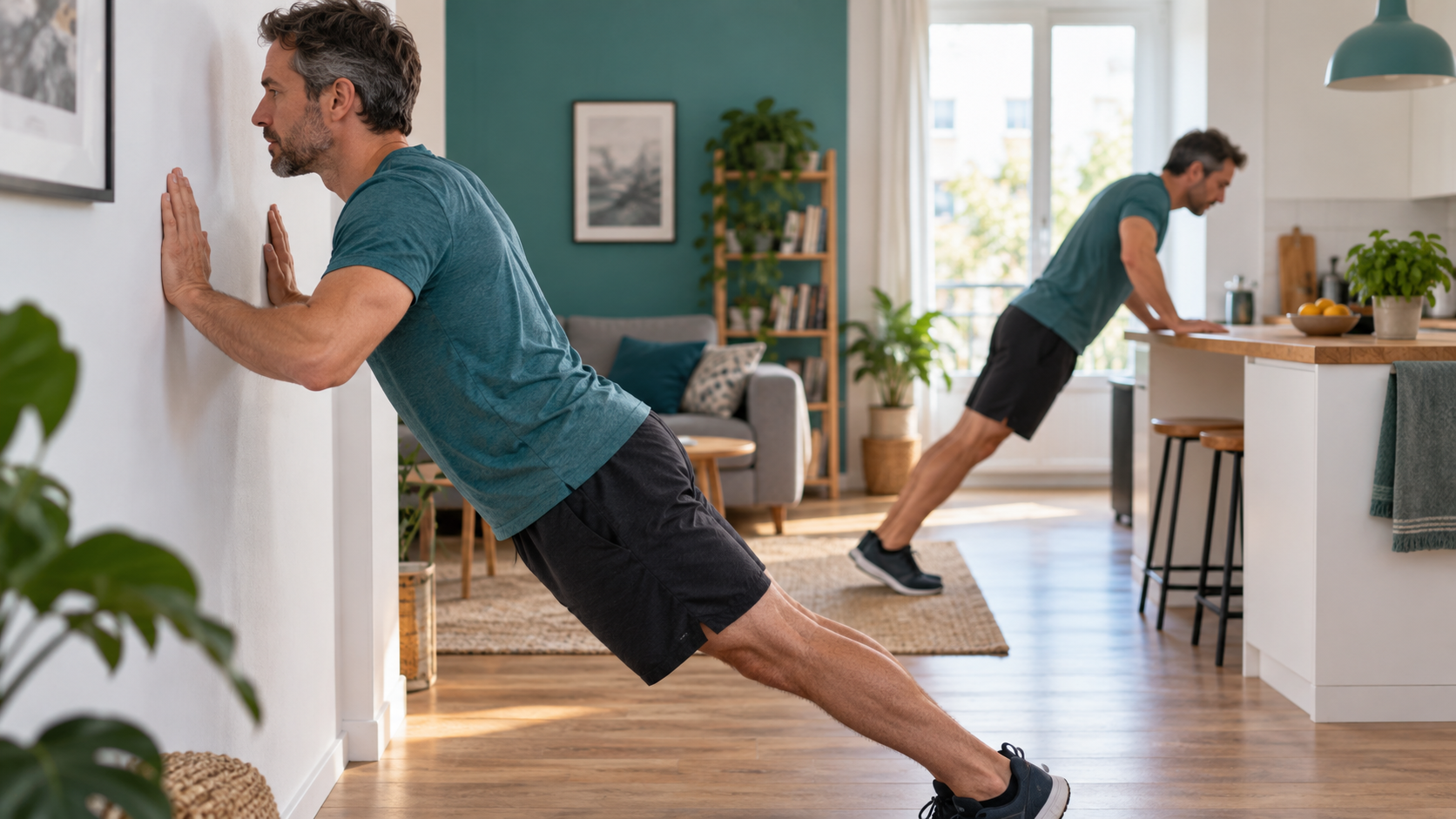 Adulte comparant deux variantes contrôlées d’un même exercice au poids du corps dans un intérieur simple.