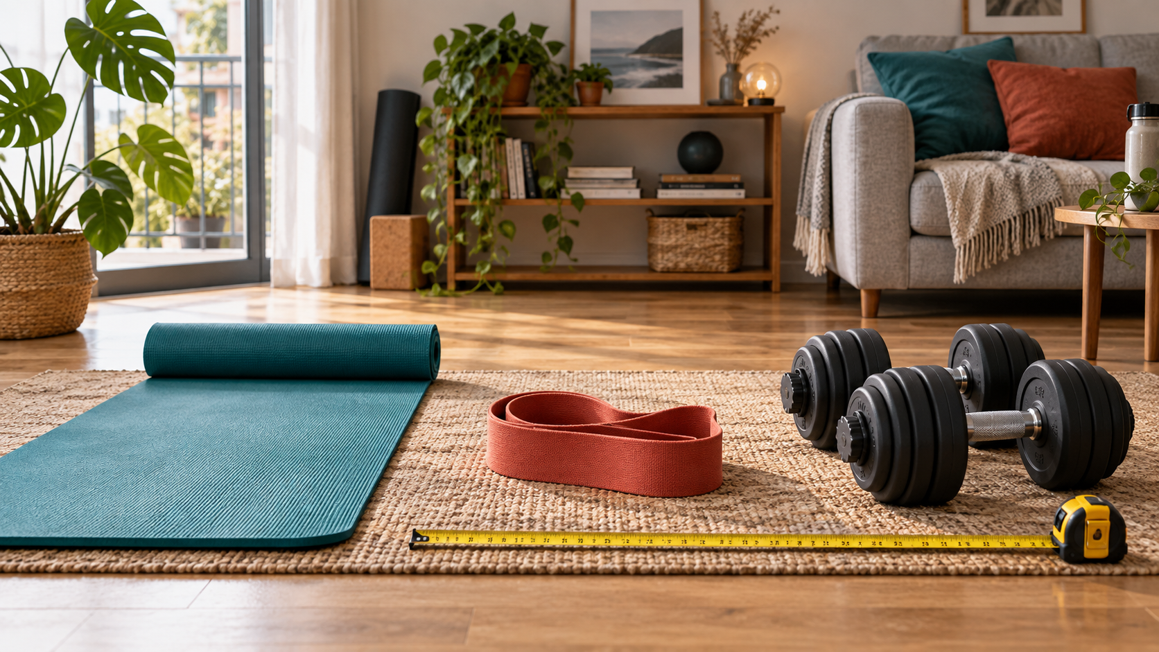 Tapis, bande élastique et deux haltères réglables alignés sobrement dans un petit espace de vie.