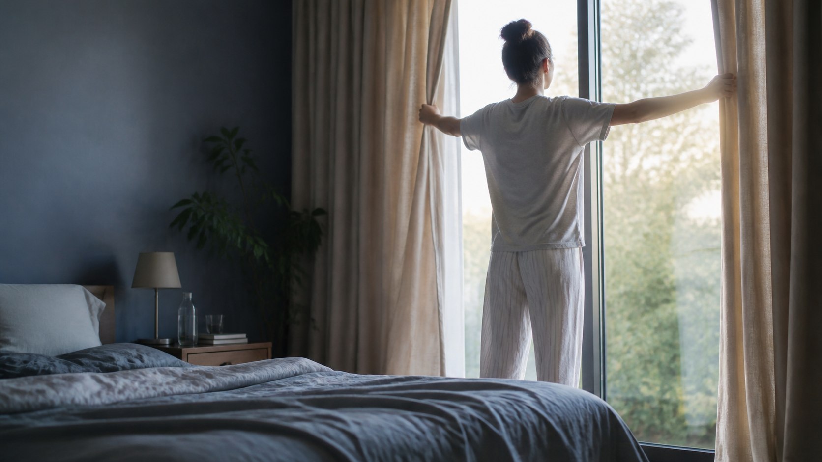 Adulte ouvrant les rideaux de sa chambre à la lumière du matin