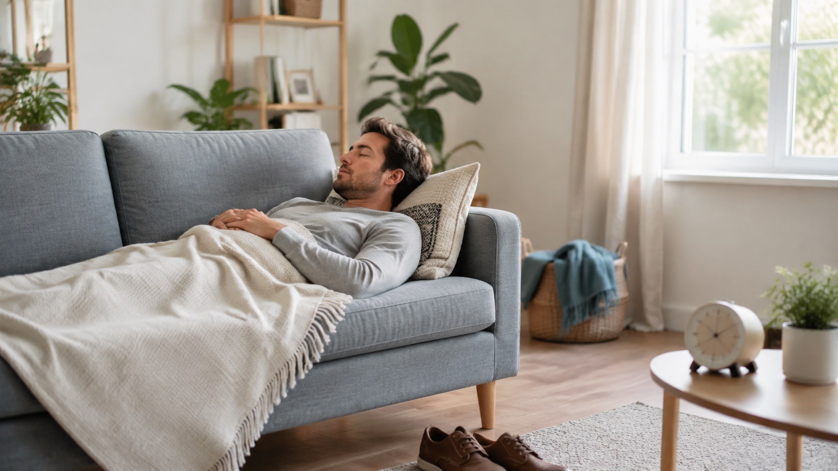 Homme faisant une courte sieste sur un canapé dans un salon éclairé en journée.