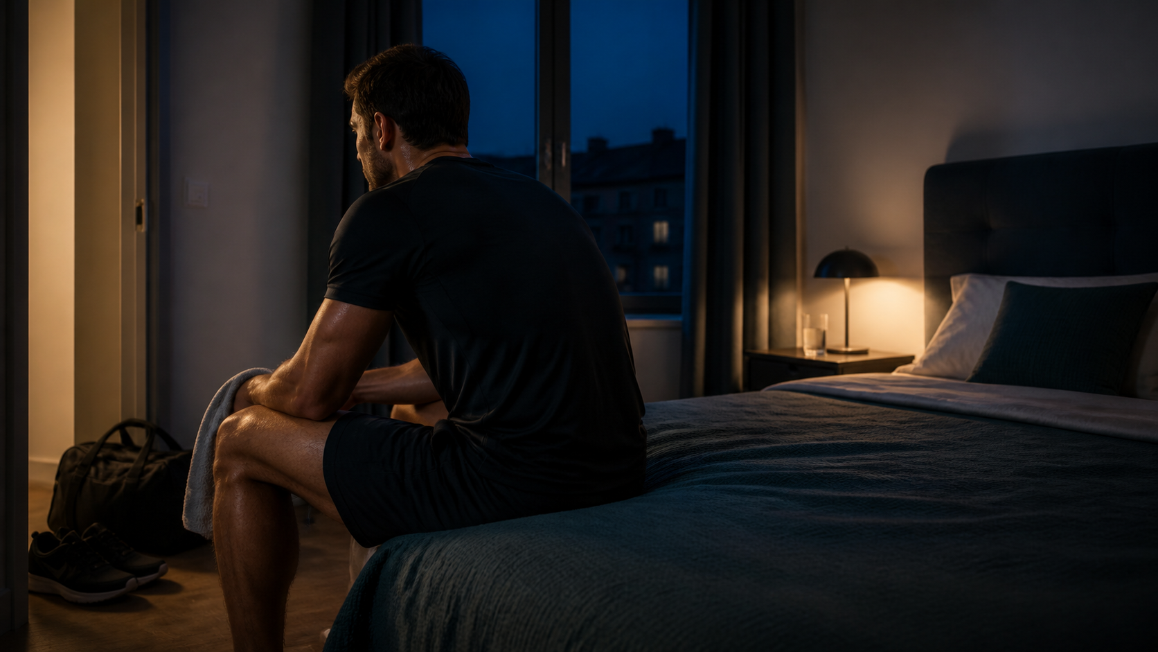 Sportif encore en tenue d’entraînement assis au bord du lit après une séance tardive