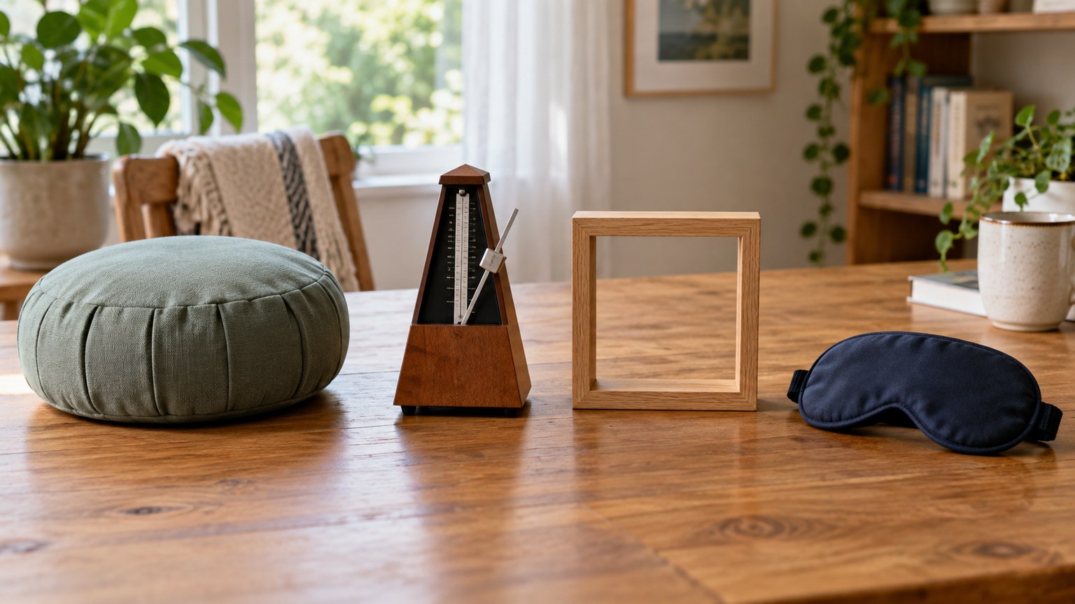 Quatre accessoires sobres disposés sur une table pour comparer plusieurs façons de rythmer sa respiration.
